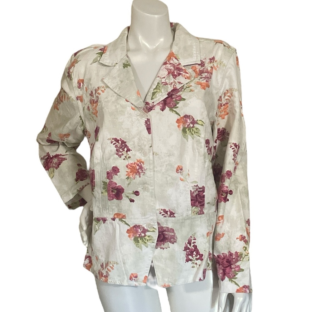 NWOT Christopher & Banks Linen Blend Floral Print Ivory Button Lightweight Jacke
